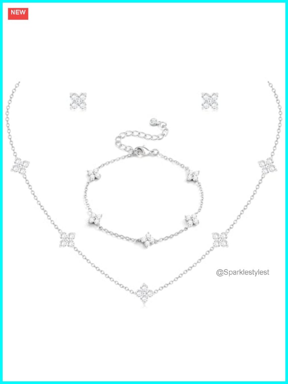Dainty Stainless Steel Cubic Zirconia Flower Jewelry Set Necklace Bracelet